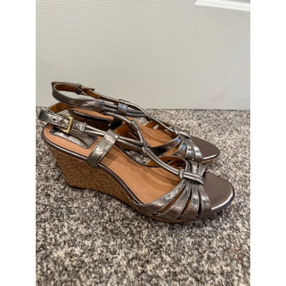 Clarks Bendables Strappy Wedge Heel Sandal Shoe Raffia Metallic Pewter Women 8.5